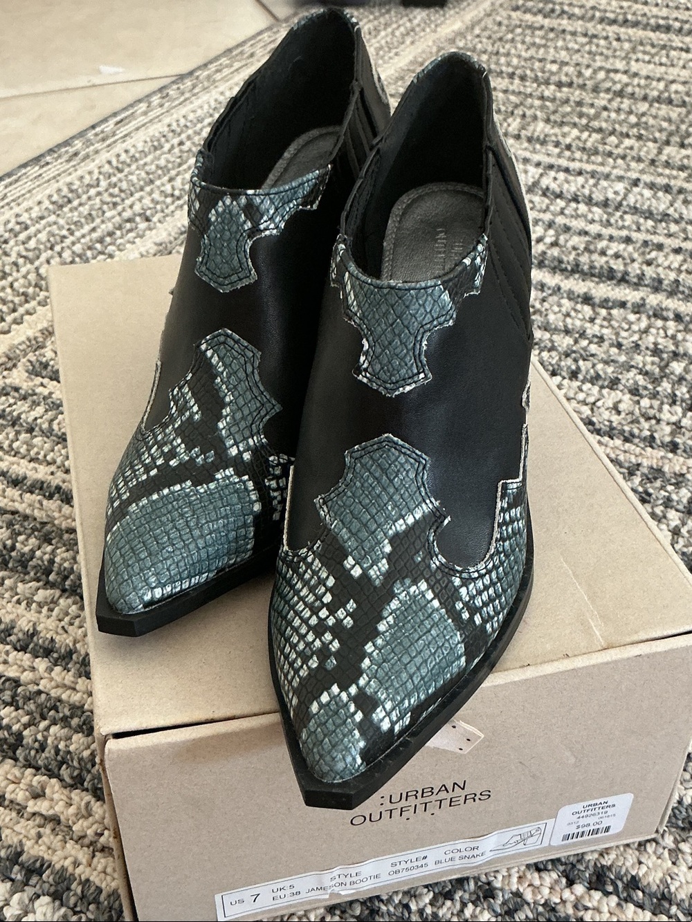 Urban Outfitters Black Ankle Booties with Green Snake-Print Accents